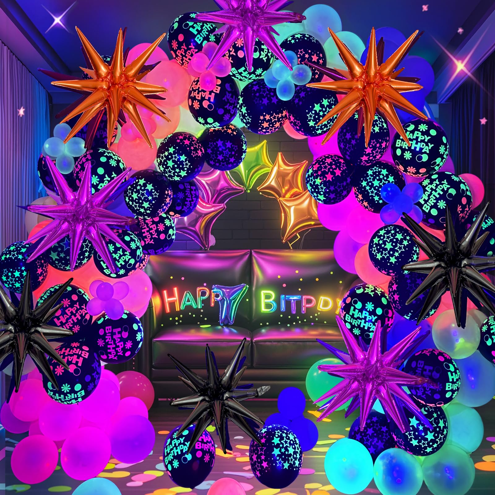 Photo 1 of GYIPFIPA 180 Pcs Neon Balloons Arch Garland Kit, Glow in the Dark Birthday Party Decorations, Neon Balloons for Back to 80S 90S Glow in the Dark Birthday Decorations