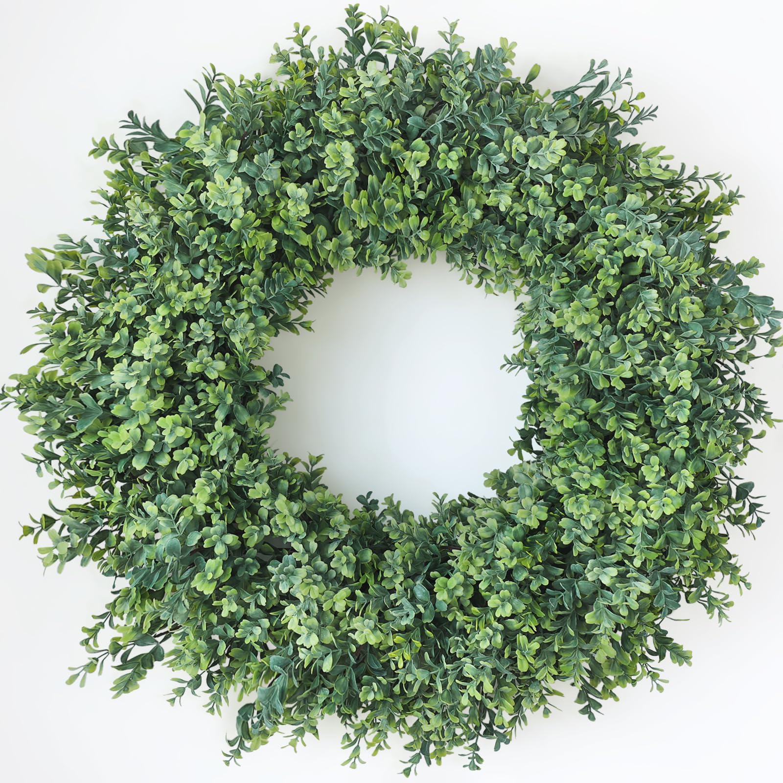 Photo 1 of 32'' Large Boxwood Wreath for Front Door, Porch, Window- Artificial Boxwood Leaves Greenery Outdoor Wreath for Home, Farmhouse Wall Decor- Spring, Summer, Fall, All Seasons (Green)