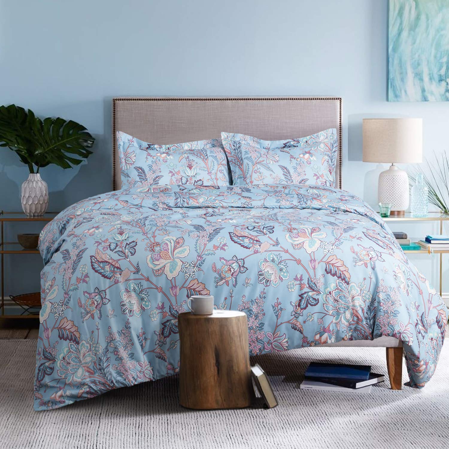 Duvet Cover Set with Zipper Closure-Printed Blue Floral Reversible Design,King (104\