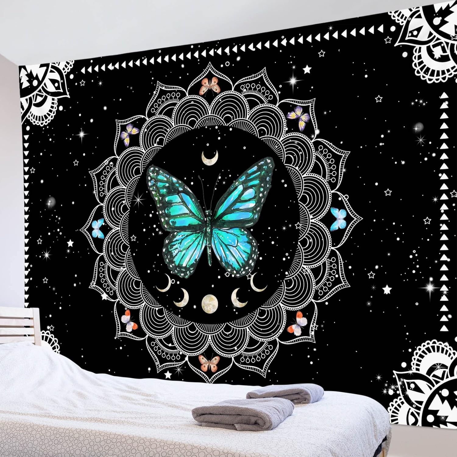 Tapestries - LB Butterfly Wall Tapestry Trippy Teal Butterfly Tapestries Black and White Bohemian Mandala Wall Hanging Vintage Moon Phase Aesthetic Tapestry for Bedroom Living Room Decor Home Decor 60x40 Inches