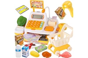 BUYGER Kids Play Cash Register with Grocery Cart, Real Electronic Scanner Calculator Microphone Speaker Credit Card Play Money Food - Pretend Play Toy Cashier Gifts for Kids Childs Toddler