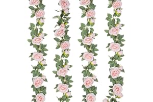 TELDRASSIL 4Pcs(26 FT) Artificial Rose Vine Fake Flower Garland Fake Silk Rose Hanging Vine for Wedding Party Background Arch Garden Background Decoration (Pink)