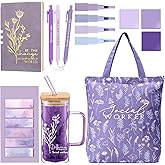 Reallnaive 15 Pcs Social Worker Appreciation Gifts 16 oz Glass Cup Canvas Bag Notebook Ballpoint Pen Sticky Note Thank You Gifts for Women Coworker Bsw Msw Dsw Lcsw Volunteer Office Supplies(Purple)