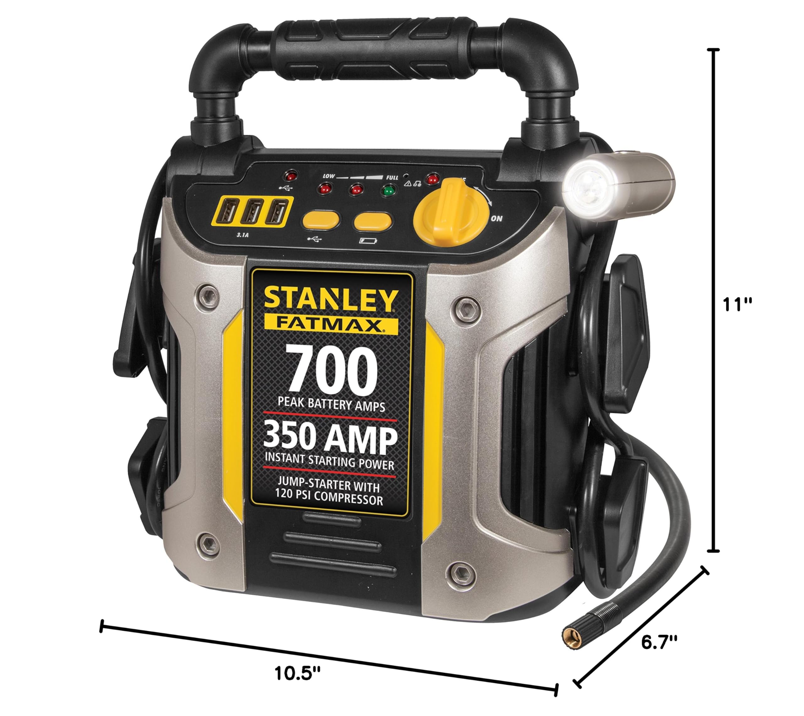 Stanley FATMAX J7CS Portable Power Station Jump Starter 700 Peak Amp Battery Booster, 120 PSI Air Compressor, 3.1A USB Ports, Battery Clamps