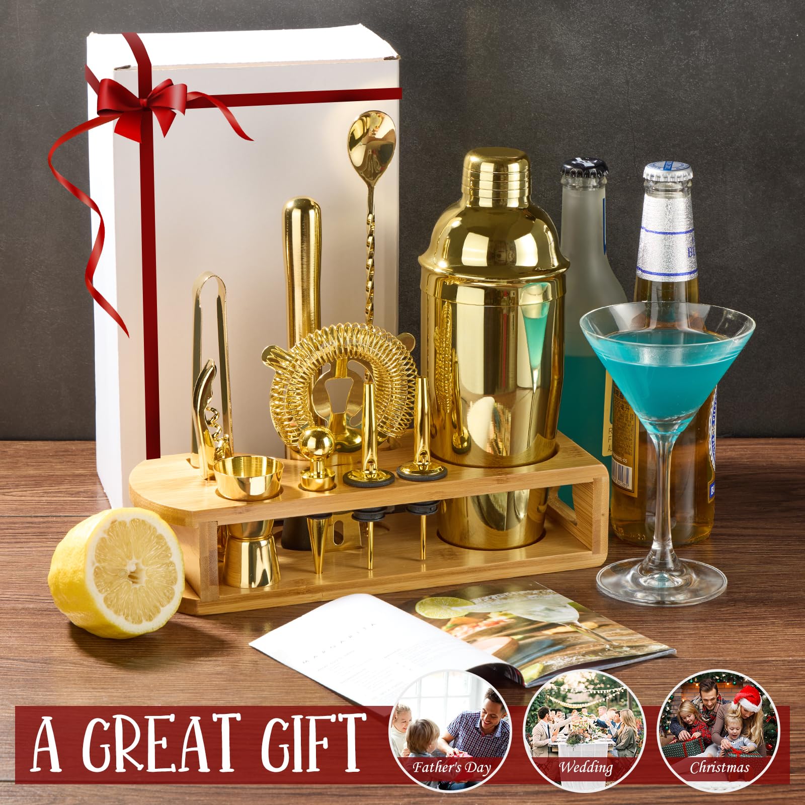 Cocktail Shaker Set Bartender Kit : 12-Piece Bar Tool Set with Bamboo Stand | Bar Set with All Practical Bar Accessories, for Drink Mixing, Bar, Home, Lounge & Party (Gold) - Image 7