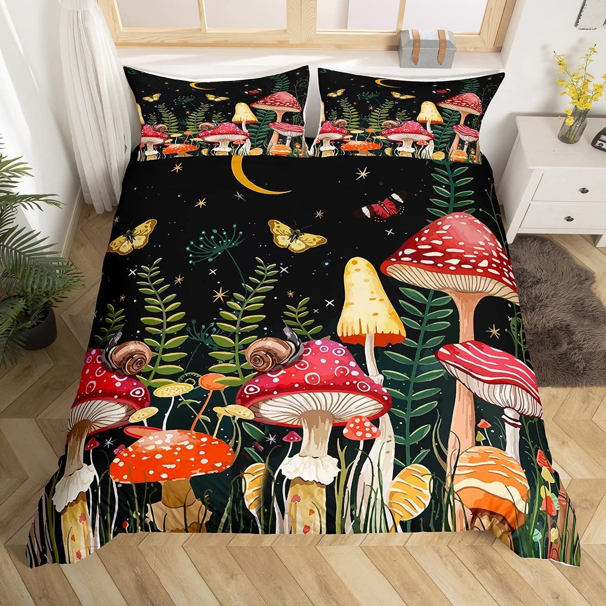 Kids Mushroom Bedding Set Natural Wild Fungus Duvet Cover Set for Kids Boys Girls Botanical Plants Comforter Cover Butterfly Quilt Cover King Size