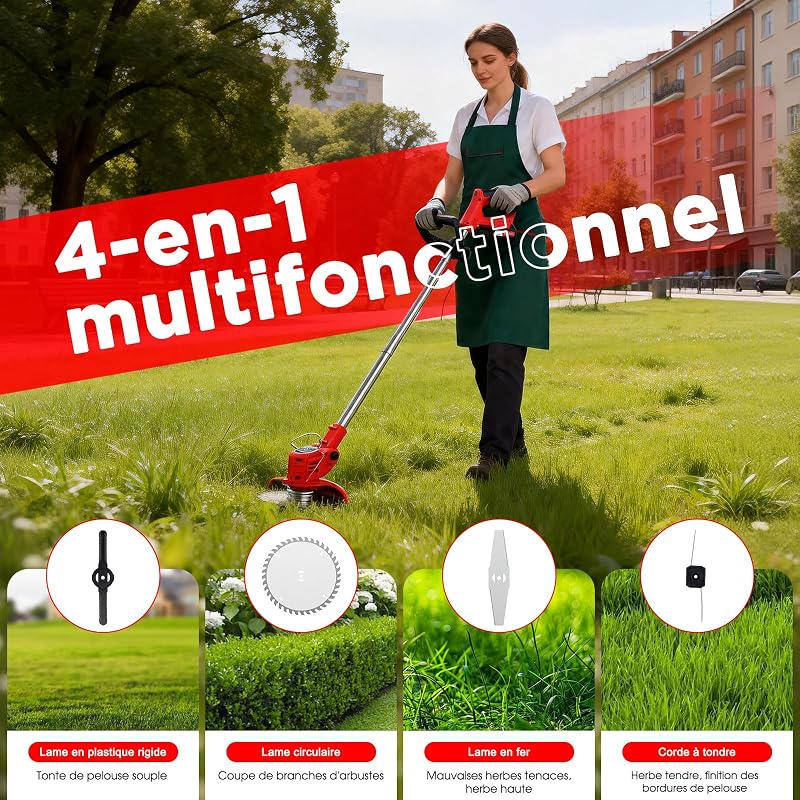 Débroussailleuse Electrique sans Fil 21V, avec 2 pièces Batterie et 4 Types de Lames Débroussailleuse à Gazon sans balais,légères et à Faible Bruit,pour Jardin Élagage,Pelouses et Terres Agricoles — photo 3 sur 8