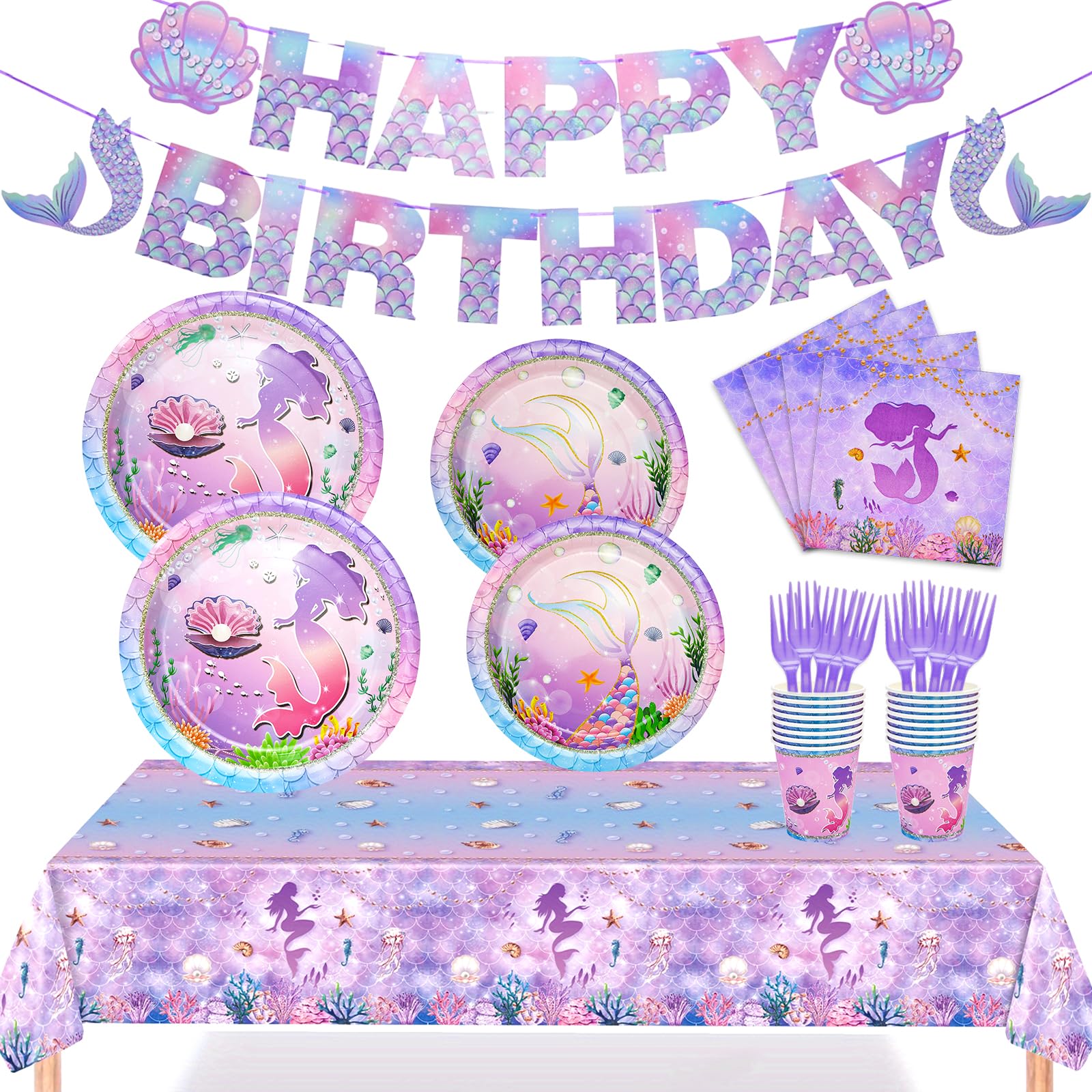 Photo 1 of 122Pcs Mermaid Birthday Party Decorations Mermaid Party Supplies Set Including Plates, Tablecloth, Cups, Napkin, Fork, Party Banner for Baby Shower Ocean Birthday Decorations, Serves 24 Guest