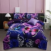 A Nice Night Galaxy 6pcs Bed in A Bag Purple and Blue Dreamy 3D Butterfly Printed, Butterflies Bedding Twin Comforter Set, for Girls Kids Teens
