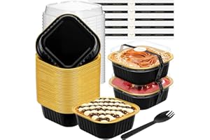 JuneHeart Mini Cake Pans with Lids and Spoons (50 Pack, Black, 10oz) Aluminum Foil Square Muffin Pans - Mini Aluminum Pans with Lids for Dessert and Party
