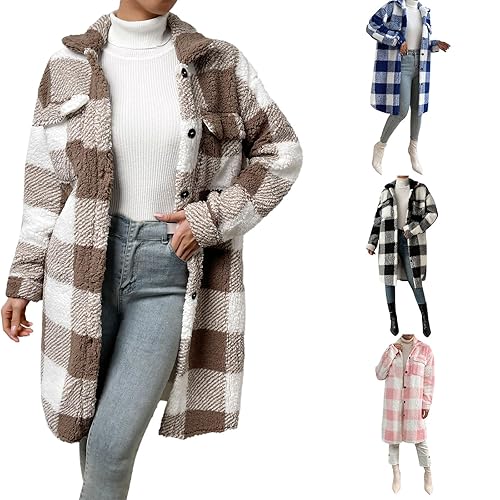 tacniseyw Wool Blend Jacket Women Plaid Single Breasted Trench Coats Ladies Warm Winter Pea Coats Lapel Collar Button Overcoats Teddy Casual Check Outerwear With Pockets Fall Jackets Plus Size