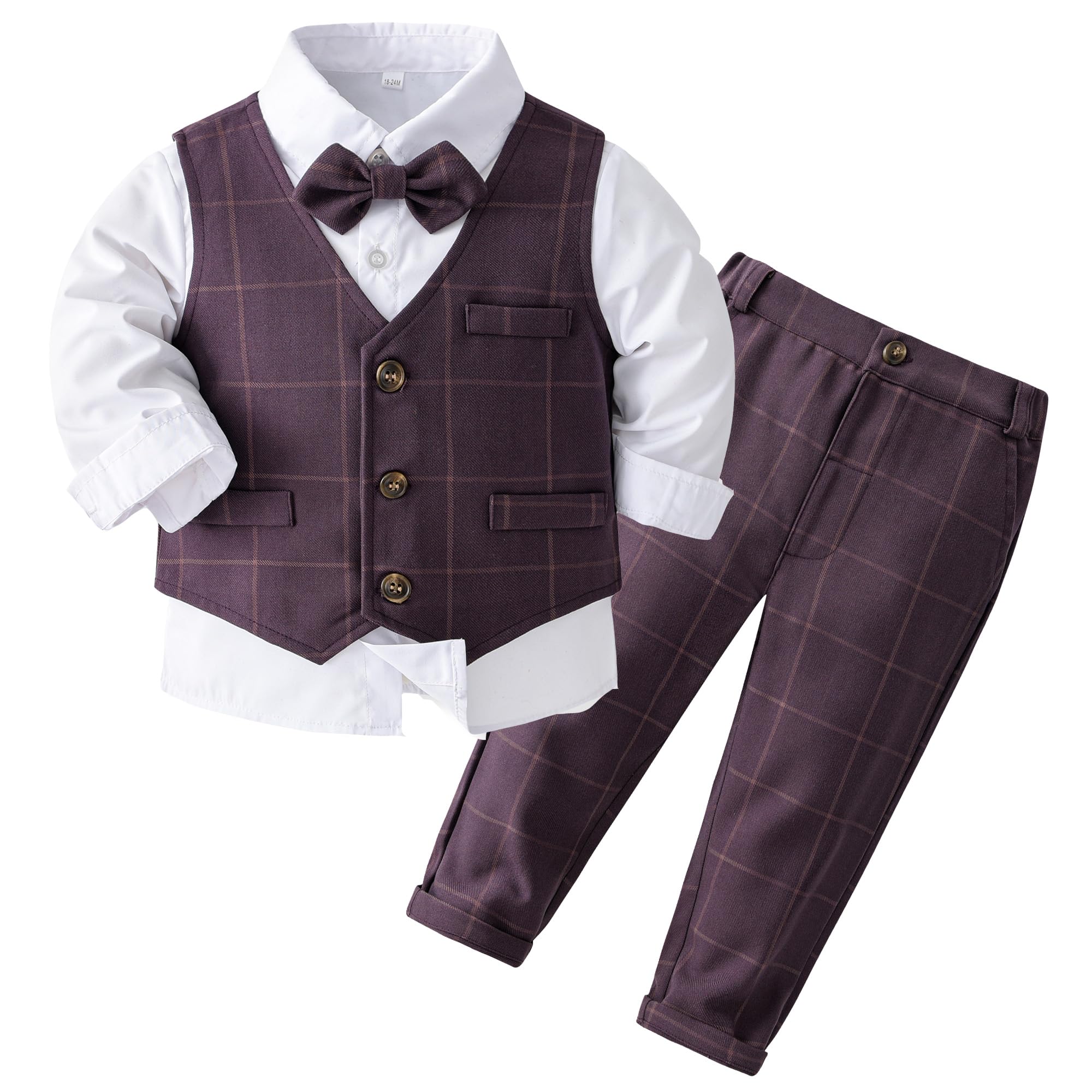 Photo 1 of Kimocat Baby Boys Gentleman Bowtie Blue Suits Set Long Sleeve +Vest+Pants