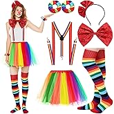 Ramede 7 Pcs Clown Costume Set for Women Circus Outfit Rainbow Tutu Skirt Clown Striped Sock Y Back Adjustable Suspender Hair Scrunchies Bow Tie Headband for Women Halloween Carnival Cosplay