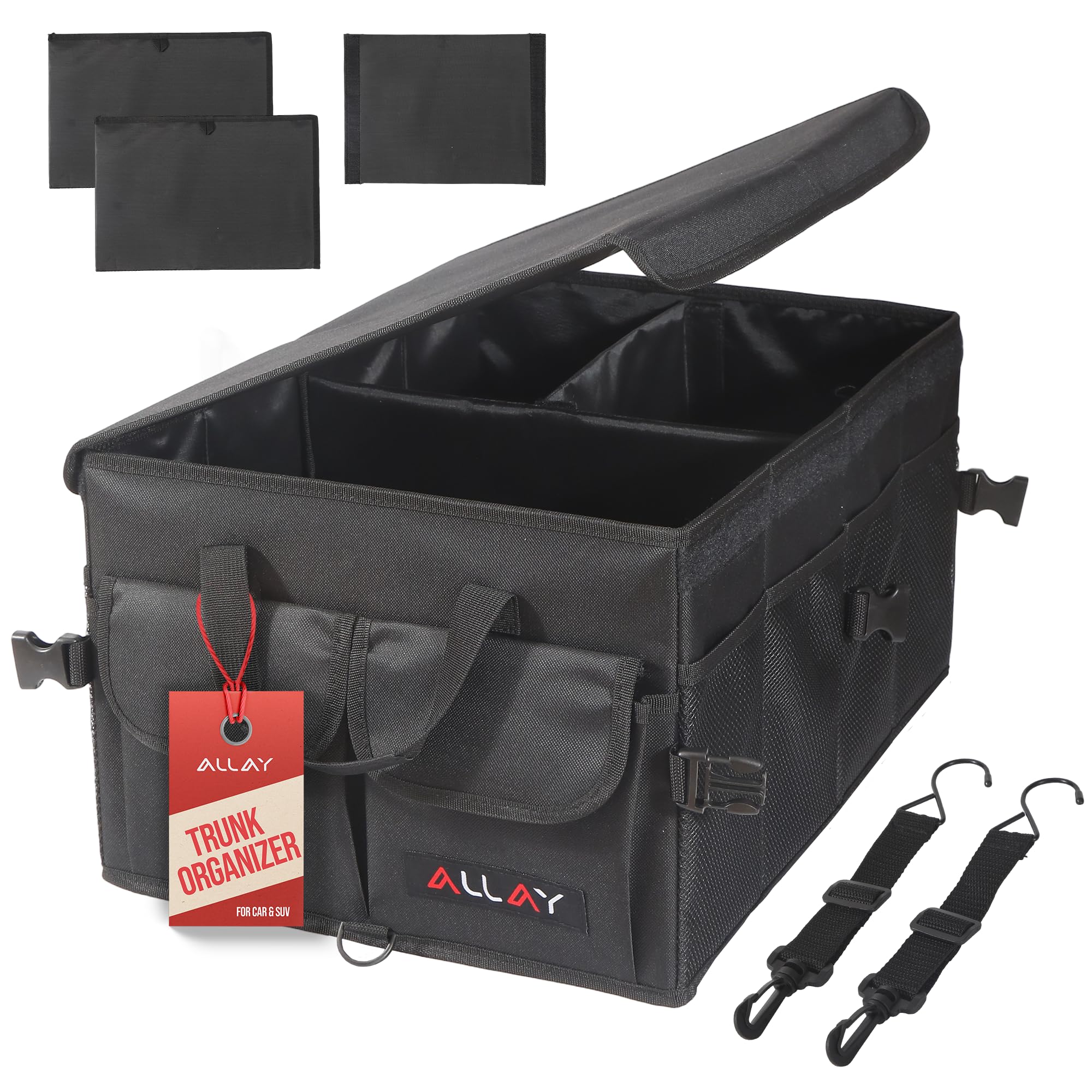 Photo 1 of ALLAY Trunk Organizer for Car with Lid – Foldable SUV Trunk Organizer – Multi-Compartment Car Box and Storage – 800D Oxford Truck Bed Shelf with Securing Straps, Non-Slip Bottom 65L