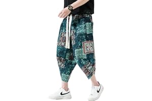 DOSLAVIDA Men's Casual Elastic Waist Linen Capri Pants Wide Leg Baggy Cotton Harem Yoga Trousers Loose Patchwork Short
