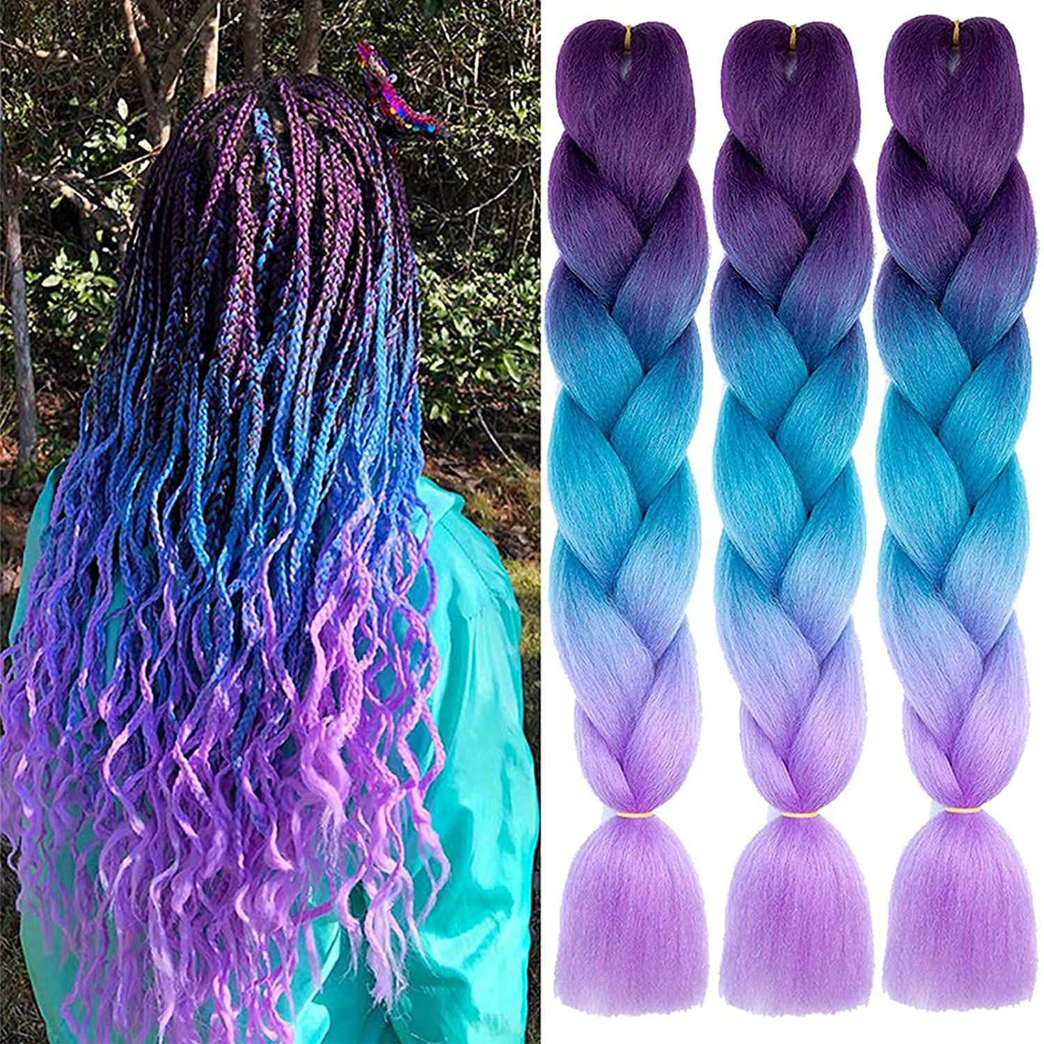 FANWYFYU Kanekalon Braid Hair Extension, 3 Packs of 24 Inch Jumbo Braids, Synthetic Fibre Hair Extension for Crochet Twist Braiding (Purple/Blue/Purple)