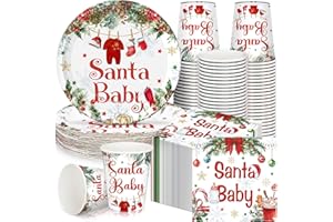 Hushee 200 Pcs Baby Shower Paper Plates Cups Napkins Party Supplies Tableware Set Disposable Cup Napkin for 50 Guest Party Decoration (Green and Red,Christmas Santa Baby)