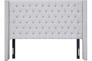 Madison Park Queen Button Tufted Headboard, Adjustable Upholstered Transitional Wingback Headboard, Nailhead Trim, Wooden Frame, Black Metal Legs, Flush Flat Back, Vintage Bedroom Décor Amelia - Grey