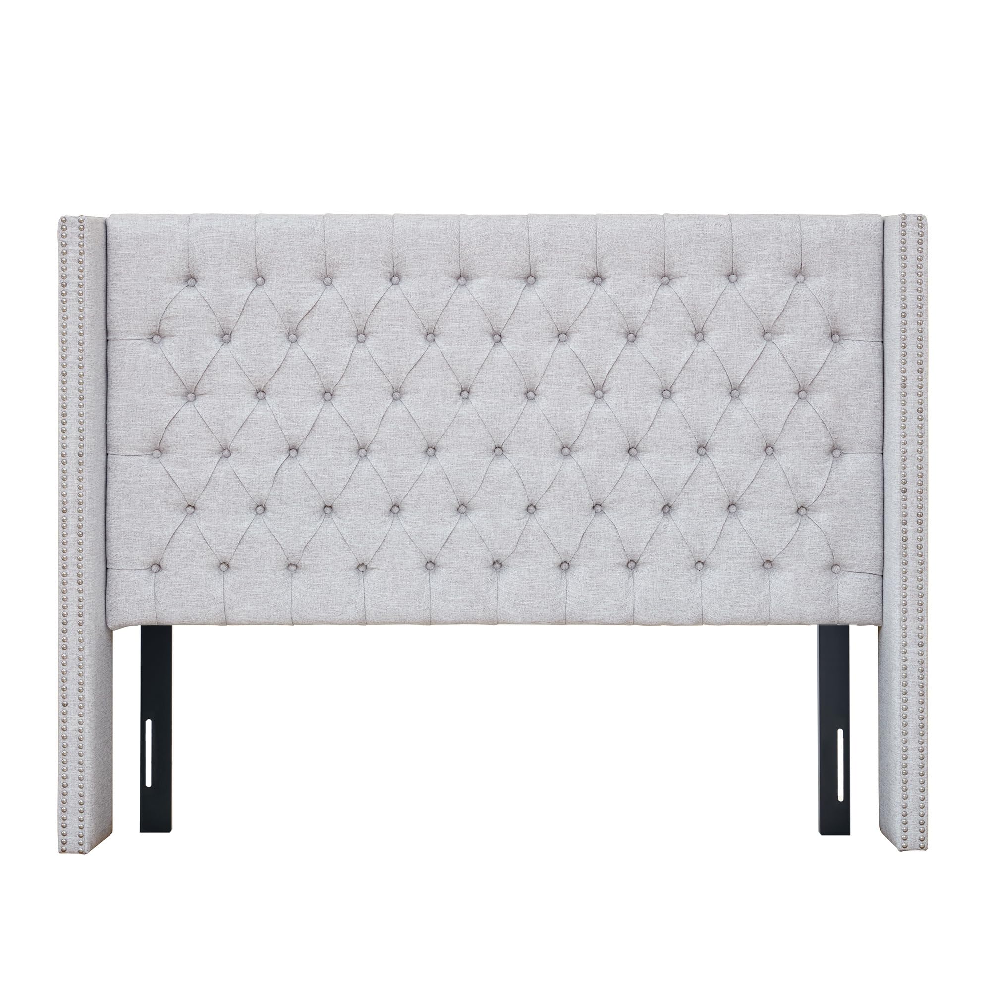 Madison Park Queen Button Tufted Headboard, Adjustable Upholstered Transitional Wingback Headboard, Nailhead Trim, Wooden Frame, Black Metal Legs, Flush Flat Back, Vintage Bedroom Décor Amelia - Grey Image