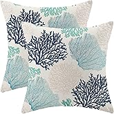 Coastal Pillow Covers 18x18 Inch Set of 2 Coral Branch Ocean Themed Beach Decor Throw Pillows Turquoise Navy Blue Beachy Nautical Summer Outdoor Decorative Cushion Cases for Couch Decorations