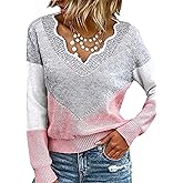 Women Fall Color Block V Neck Pullover Long Sleeve Sexy Cozy Ladies Sweaters Tops