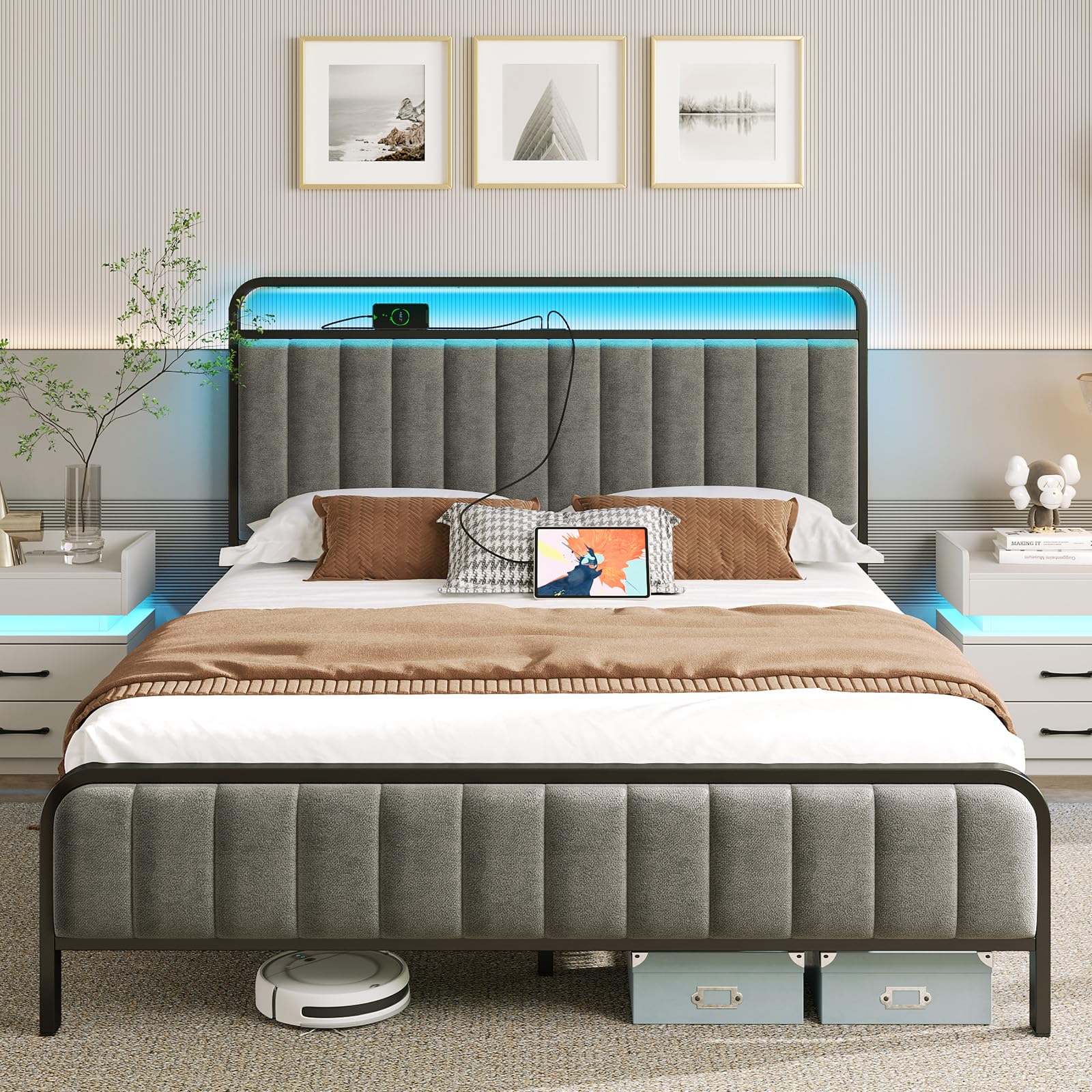 Rolanstar Queen Size Bed Frame with LED Light and Charging Station, Upholstered Headboard and Footboard, Metal Slat, Noise Free, Easy Assembly, Dark Gray Image