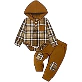 Fommy Baby Boy Clothes Flannel Plaid Outfits Long Sleeve Hoodie Romper Fall Winter 2 Pcs Clothes for Boy