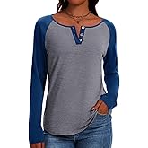 IECCP Long Sleeve Shirts for Women Casual Henley Tops Loose Fit Tshirt Dressy Color Block V Neck Button Womens Tunic Blouse