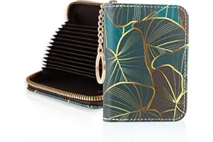 OPPSVIUST Credit Card Holder RFID Wallet, Slim Card Wallet for Women, Credit Card Keychain Wallet Organizer, Small Leather Card Holder Wallet with Zipper (Luxury Green Leave)