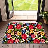 Front Door Mat,Colorful Flowers Indoor Outdoor Entrance Exotic Floral Welcome Doormats,Non-Slip Low Profile Entryway Mats for