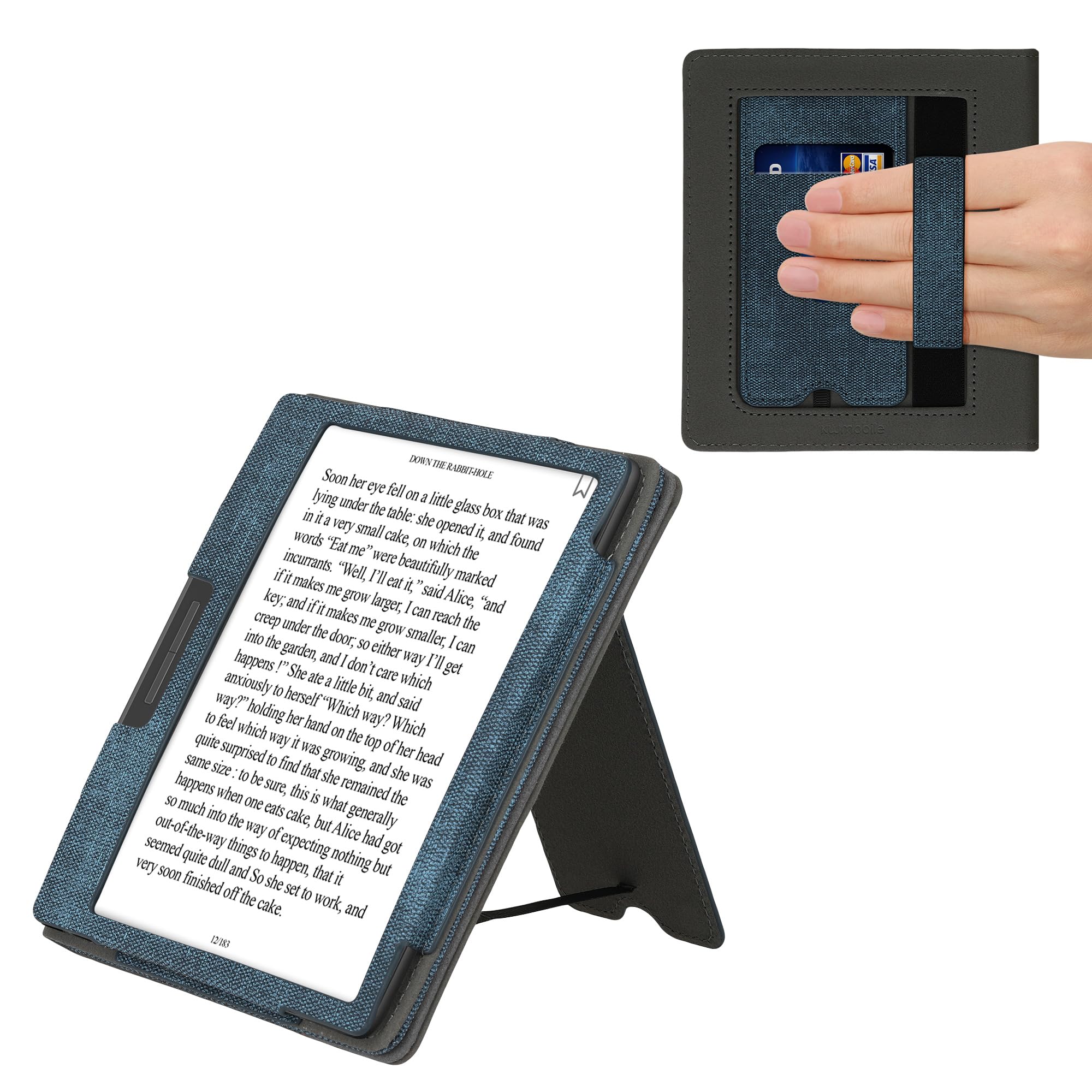 kwmobile Cover Compatible with Onyx Boox Leaf 2 Cover - Faux Leather/Suede Case with Stand - Dark Blue/Dark Grey