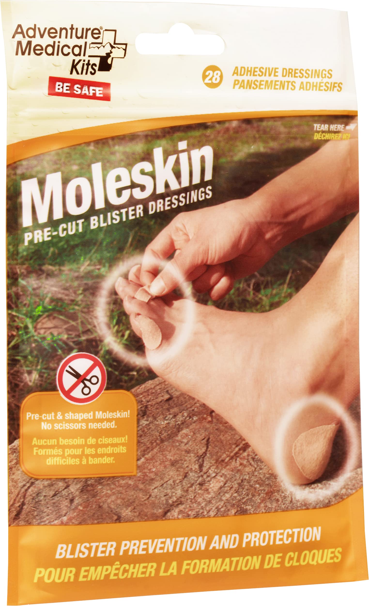 Adventure Medical Kits Mole Skin Foot Care Pre Cut Blister Dressings and Prevention Contains 22 dressings Pre Cut Shaped Easy Application Swabs for Skin Prep, Orange