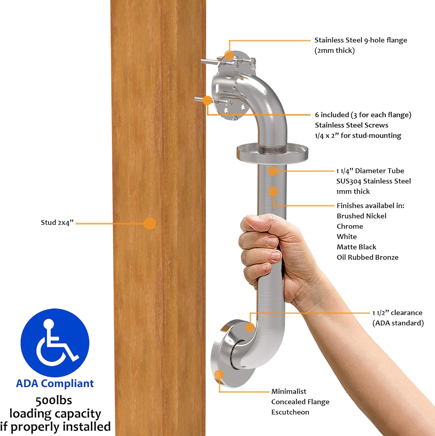 AmeriLuck 24 inches Stainless Steel Bath Safety Grab Bar (2 Pack), ADA Compliant 500lbs Loading Capacity, Brushed Nickel: Health & Personal Care