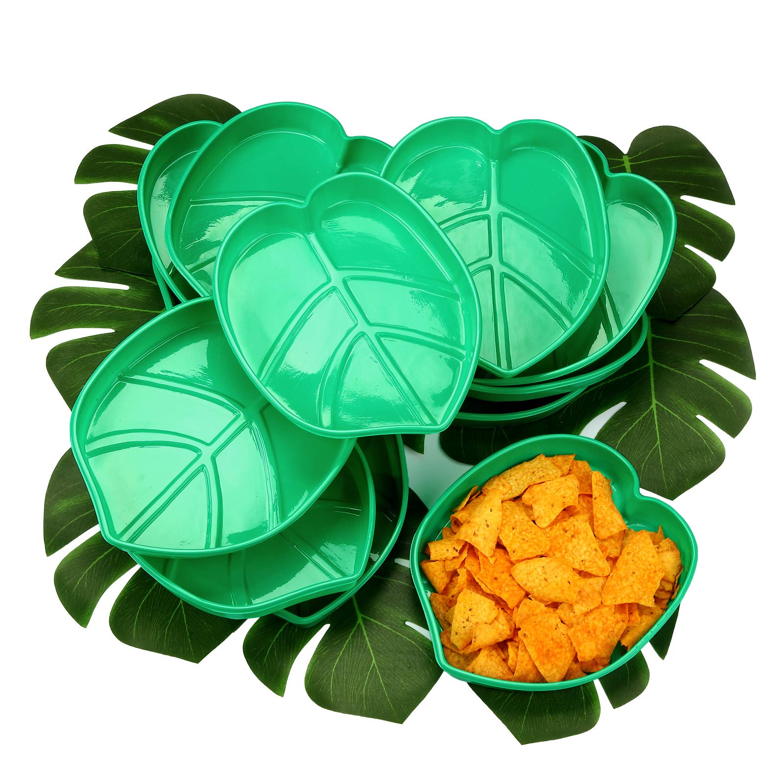 Patelai 12 Set Palm Leaf Snack Tray Hawaii Reusable Food Tray with Tropical Imitation Green Plant Leaves, Cookies Chips, Candy Dip, for Jungle Island Luau Party Decorations Birthdays, 8.3 x 7 Inch
