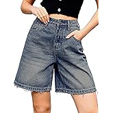 ELLEVEN Bermuda Jorts Baggy Jean Shorts - Casual Loose Fit Wide Leg Knee Length Denim Shorts with Elastic Waist