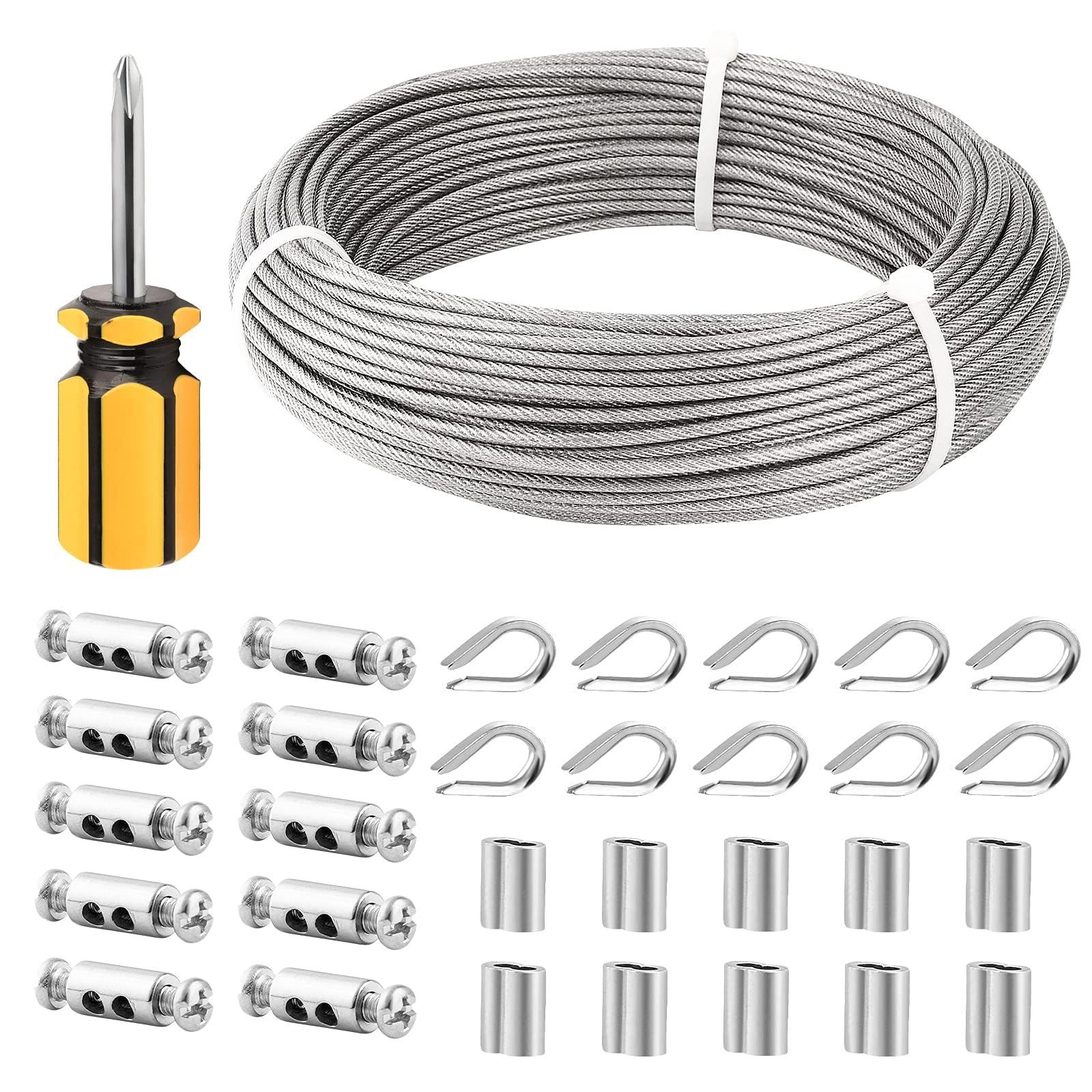 TooTaci 3mm Wire Rope Kit, 50M/3mm PVC Coated Stainless Steel Wire Rope Cable with M3 Rope Clamp & Thimbles, Crimping Sleeves, Ideal for Hanging DIY, Garden Fence, Wire Balustrade, Trellis