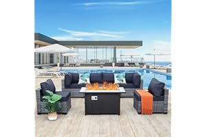 Lviden 7 Pieces Wicker Patio Furniture Set, PE Rattan Outdoor Sectional Conversation Sofa Set with Fire Pit Table, Non-Slip Cushions and Furniture Cover, Navy Blue
