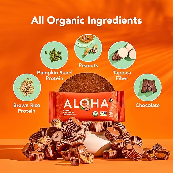 ALOHA ORGANIC PLANT BASED PROTEIN BARS – PEANUT BUTTER CUP BAR – 12 BARS, VEGAN, LOW SUGAR, GLUTEN-FREE, LOW CARB, NON-GMO, NO STEVIA, NO ERYTHRITOL