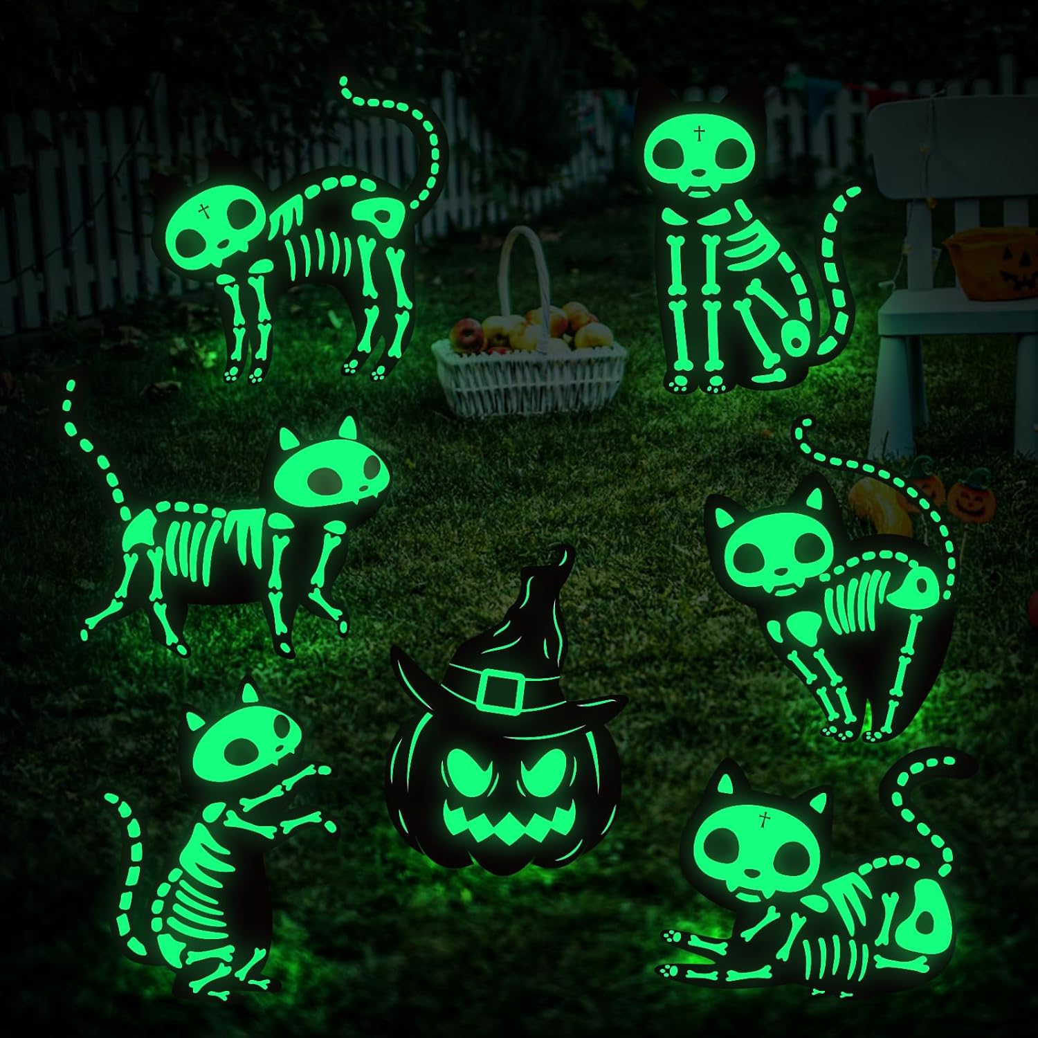 Yard Signs - 7Pcs Fluorescence Halloween Decorations Outdoor Yard Signs Tombstones,Glow in the Dark Skeleton Black Cat Pumpkin Silhouette Lawn Signs with Stakes for Garden Front Yard Decorations Outside