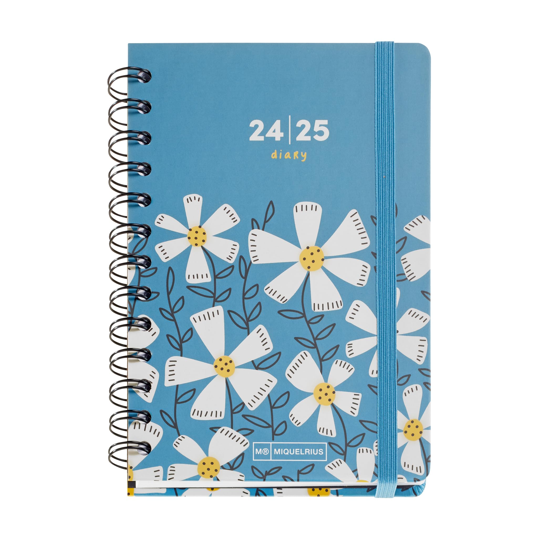 Miquelrius – School Diary 24 – 25, September 2024 to August 2025, Size 125.5 x 178 mm, Day Page, Double Metal Wire, Lined Cardboard Cover, Rubber Closure, Spanish and English, Blue Daisies