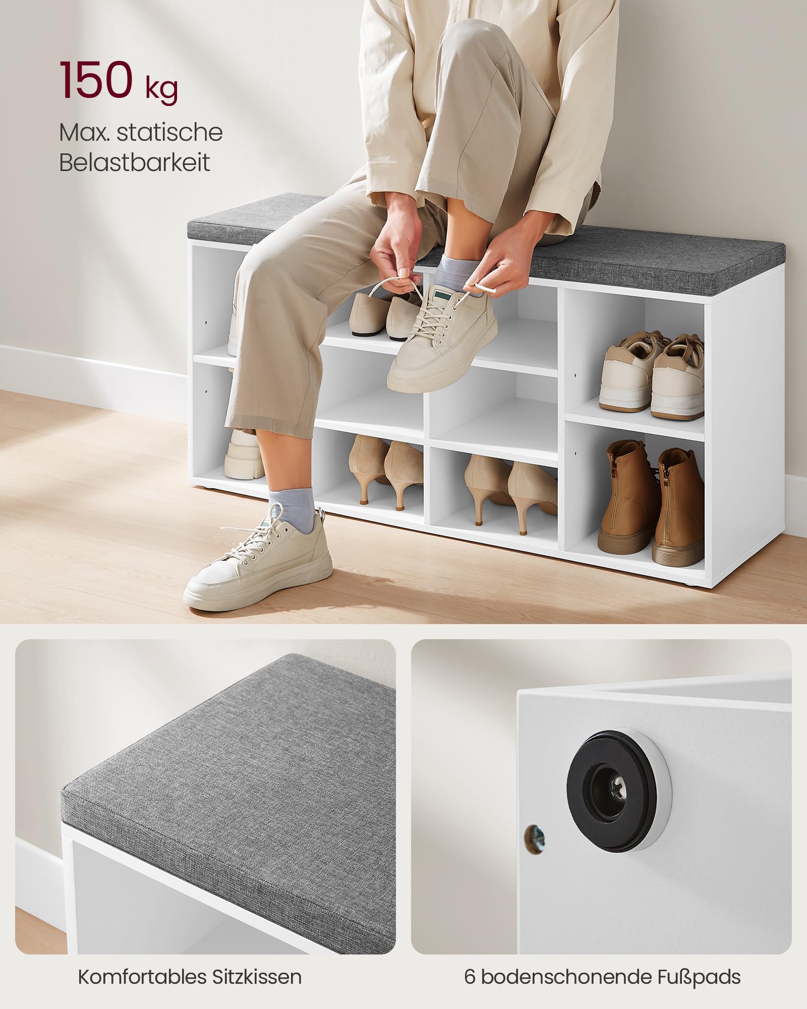 VASAGLE Schuhbank, Schuhregal mit Sitzfläche, Sitzbank mit Stauraum, gut gepolstert, Flurbank mit 10 Fächern, verstellbaren Ablagen, für Schlafzimmer, 30 x 104 x 48 cm, weiß-grau LHS10WT 7