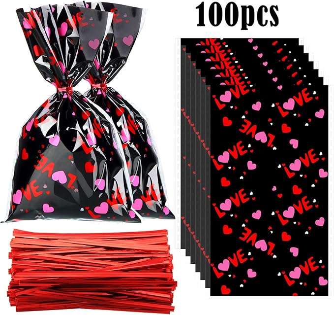 100 Pieces Valentine Cellophane Candy Bags Love Heart Shaped Cellophane