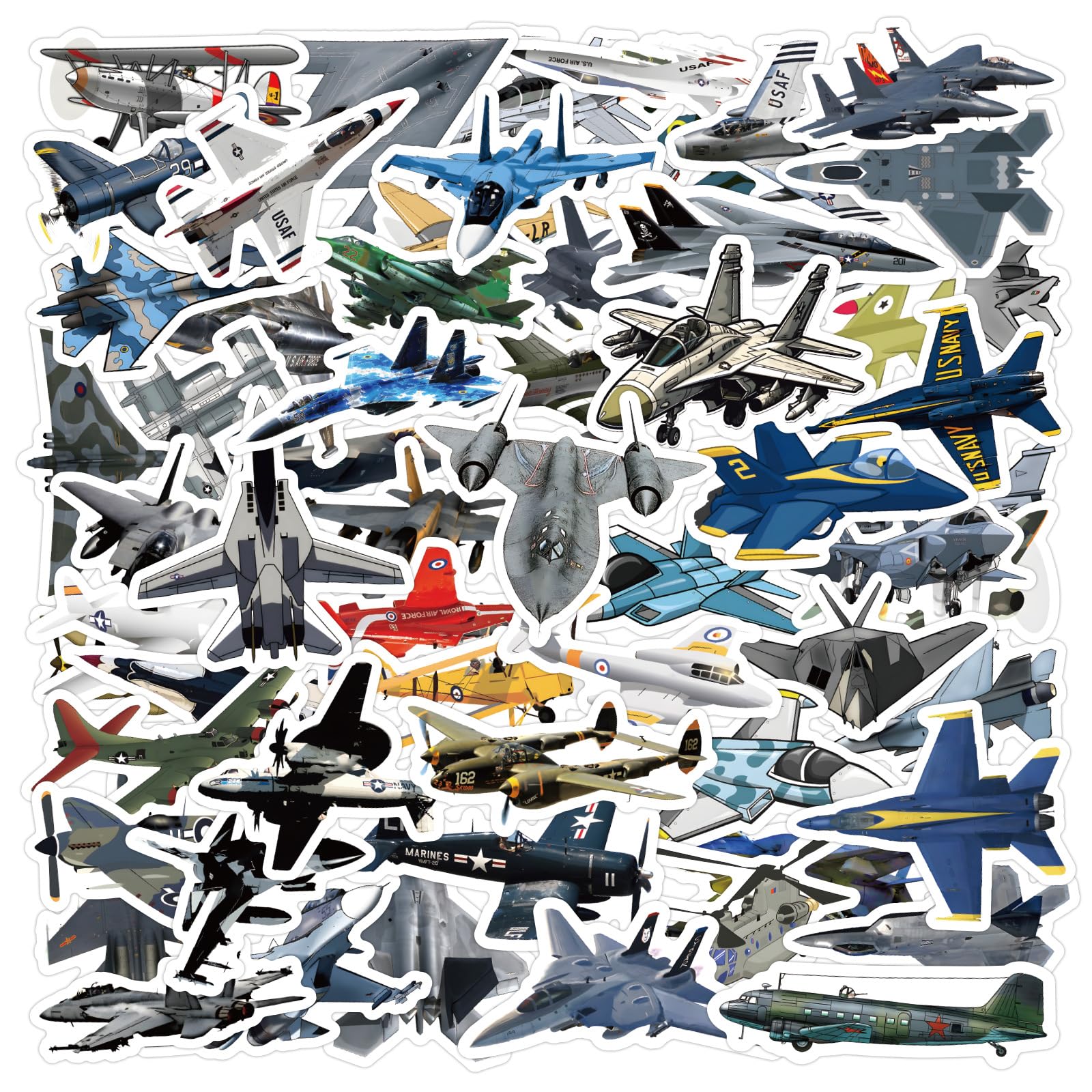 50Pcs Fighter Plane Stickers Laptop Car Scrapbook Phone Skateboard Suitcase Luggage Bike Fighter Stickers Vinyl Waterproof Aesthetic Personalised Stickers for Teens Boys Girls Adults Children