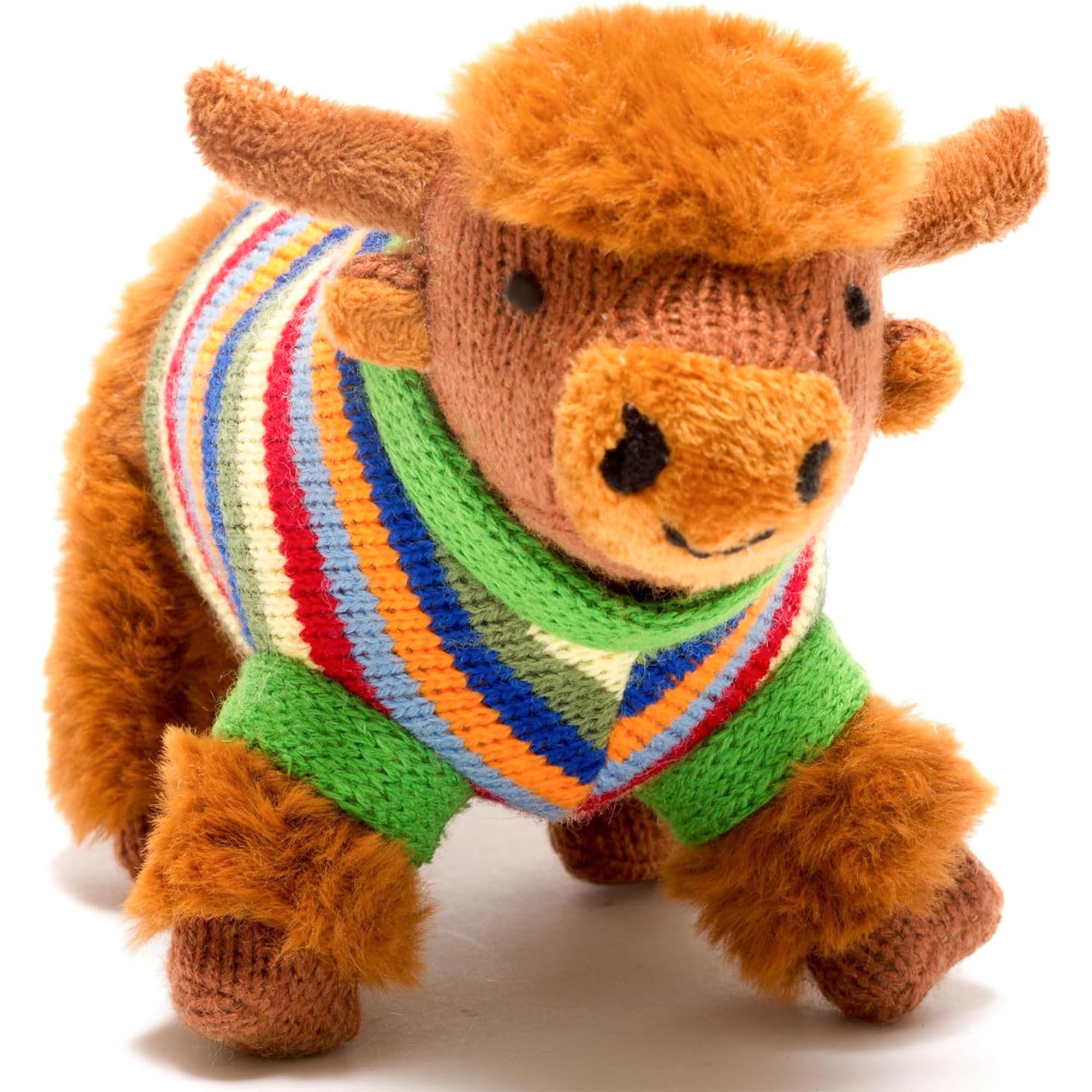 Best Years | Knitted Highland Cow Baby Rattle with Rainbow Stripe Jumper | Newborn Gift | Baby Safe from Birth | Machine Washable | 12cm x 9cm x 16cm | Ethically Sourced