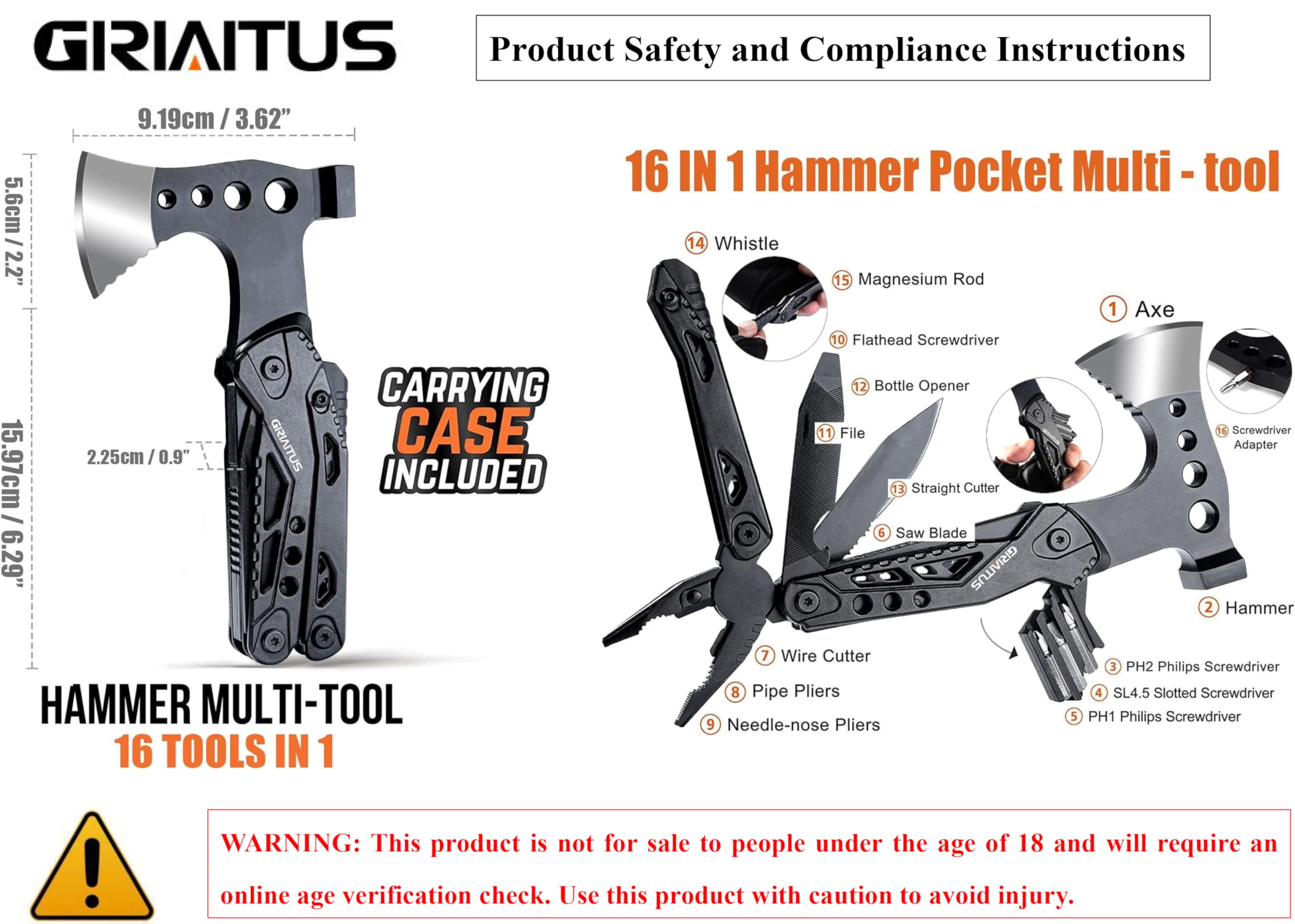 Camping Essentials Multi Tool Gifts for Men Dad 16in1 Multitool Survival Gear with Hammer Pliers Saw Screwdrivers Bottle Opener Whistle Christmas Stocking Fillers Gadgets for Outdoor, Hiking, Repair