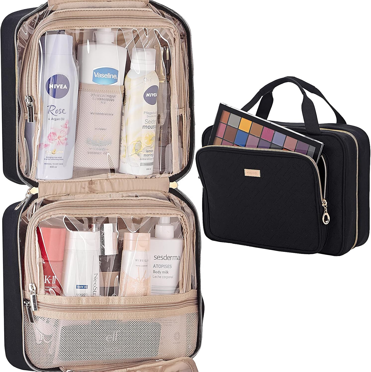 NISHEL 4 Sections Hanging Travel Toiletry Bag Organizer, Water Resistant Large Makeup Cosmetic Case for Bathroom Shower, Black: Clothing