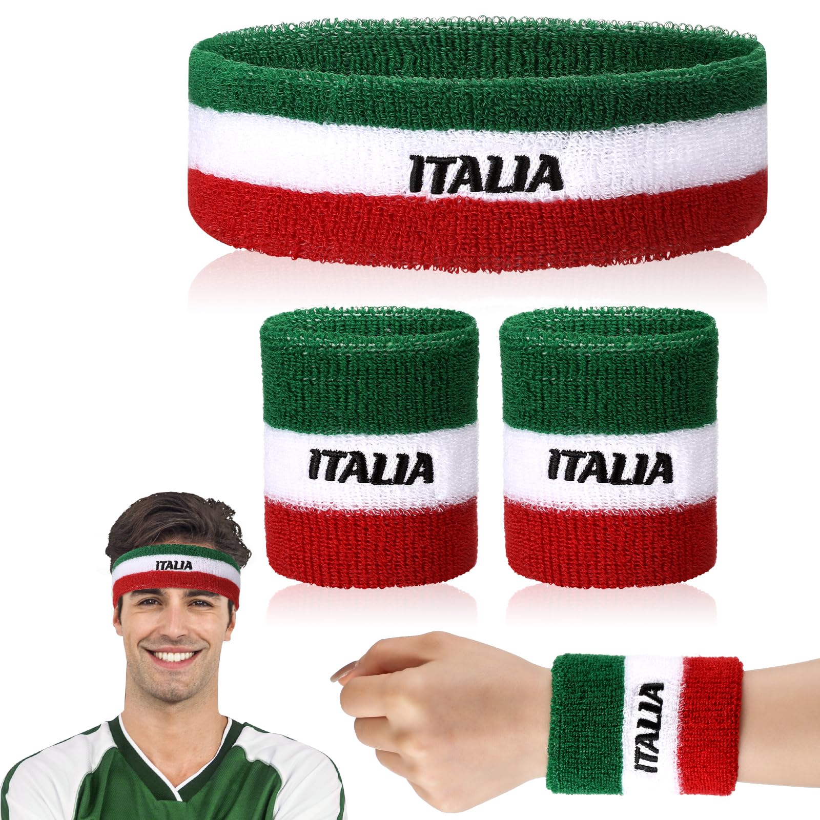 Jadive 3 Pcs Italia Sweatband Set Italy Absorbing Headband and Wristbands Head Sweatband and Wristband for Basketball Football Running Gym Exercise