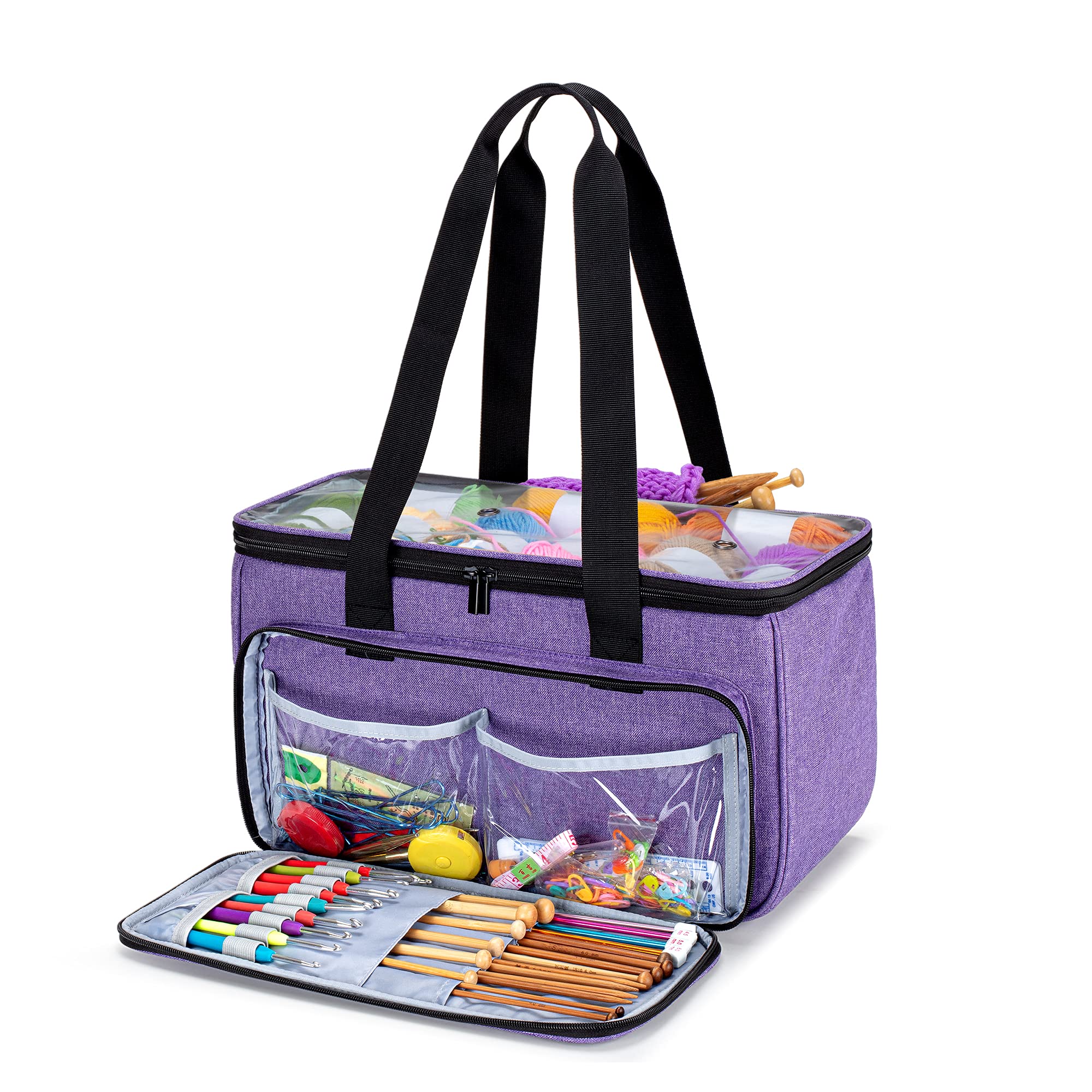 Yarwo Knitting Bag, Portable Yarn Bag with with Pocket for WIP Projects, Knitting Needles(Up to 14"/35.5cm) or Other Knitting Accessories, Purple(Bag Only)