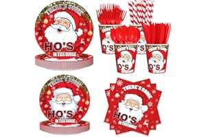 AIBIIN 192Pcs There's Some Ho Ho Hos In This House Party Decorations Christmas Paper Plates and Napkins, Cup, Funny Xmas Disposable Dinnerware Tableware Set Xmas Party Supplies Serve 24 Guests