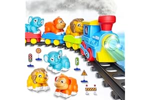 STAY FUN Train Set for Toddlers w/Steam, Music & Lights - Electric Train Toy for Kids with Tracks Accessories, Includes 3 Animals Car : Lion Gorilla and Elephant, Best Gifts for 3 4 5 6 7+ Years Old Boys Girls